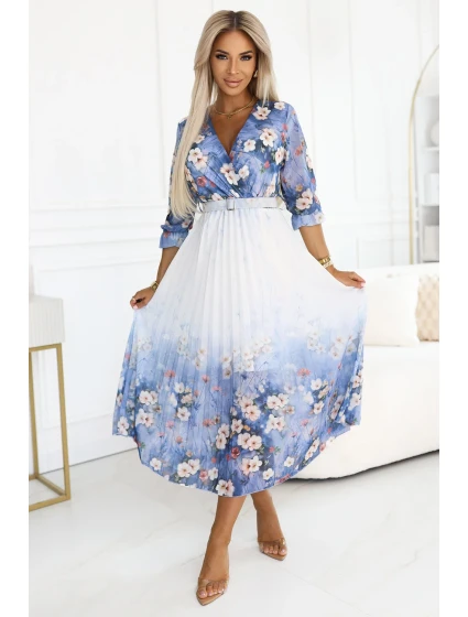 vzdušné midi šaty s obálkovým výstřihem a záhyby modré s květy model 21171080 - numoco basic vzdušné midi šaty s obálkovým výstřihem a záhyby modré s květy model 21171080 - numoco basic