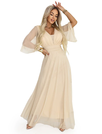 Dlouhé třpytivé plus size šaty s výstřihem a rukávy model 21945491 - numoco basic