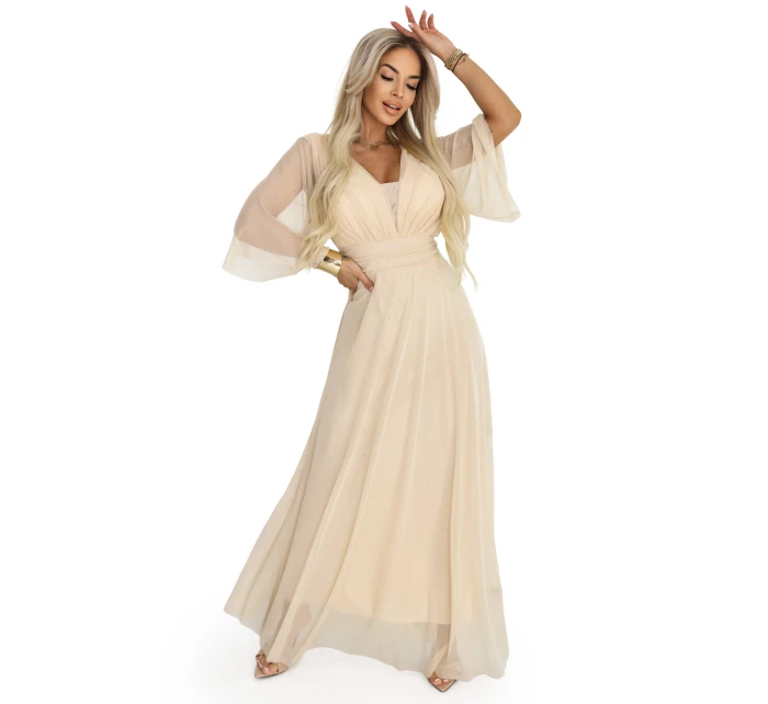 Dlouhé třpytivé plus size šaty s výstřihem a rukávy model 21945491 - numoco basic