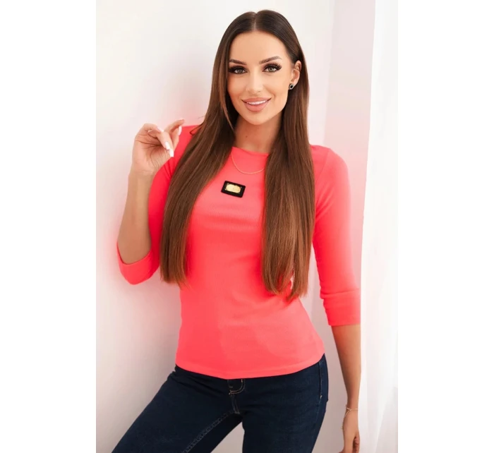 Dámska pruhovaná blúzka s 3/4 rukávmi a ozdobnou aplikáciou ružová neónová