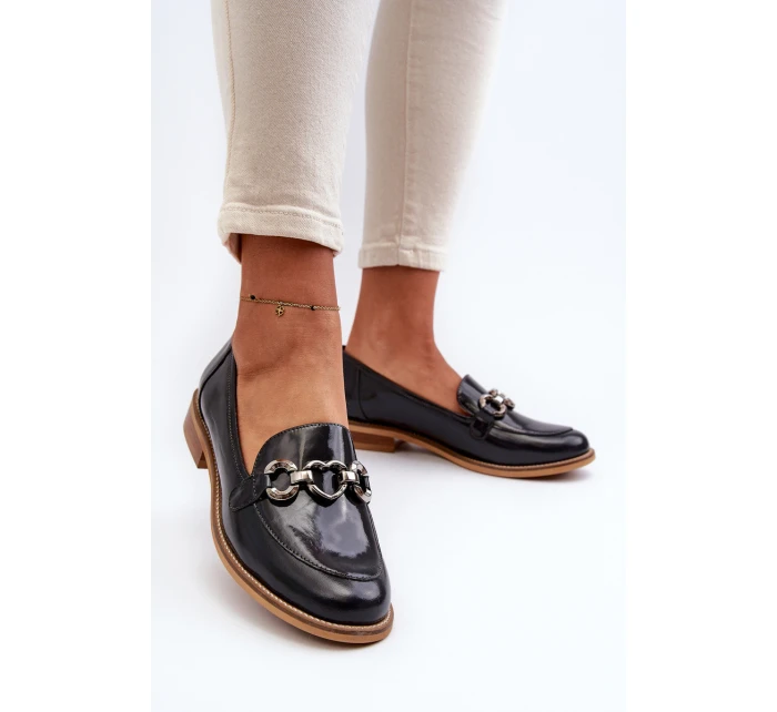 Skórzane Damskie Lakierowane Mokasyny Laura Messi 2760 Granatowe