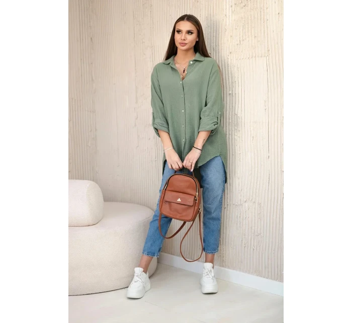 Bavlnená mušelínová košeľa oversize khaki
