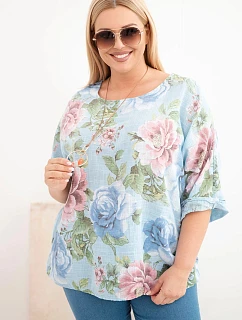Dámske bavlnené Plus veľkosť blúzka s krátkymi rukávmi a kvetinovým vzorom modrá
