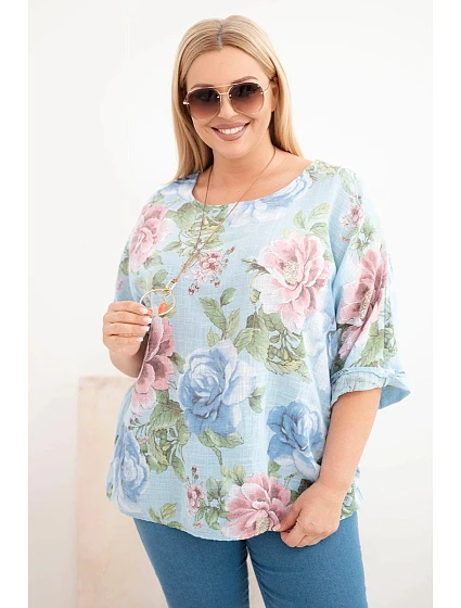 Dámská bavlněná halenka Plus Size s krátkým rukávem a květinovým vzorem modrá Dámská bavlněná halenka Plus Size s krátkým rukávem a květinovým vzorem modrá