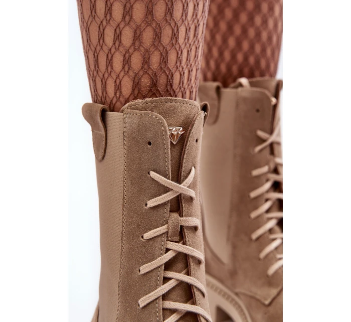 Zamszowe Damskie Botki Workery Sznurowane Beżowe Nicole 2836