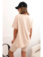 Dámský bavlněný komplet s krátkým rukávem a šortkami béžový Dámský bavlněný komplet s krátkým rukávem a šortkami béžový