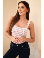 Dámská žebrovaná proužkovaná halenka na ramínkách s volánkem tmavě růžová