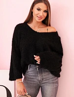 Dámsky mohérový sveter voľného strihu s výstrihom do V IT-92 / 34360 Black gloss - K-Fashion