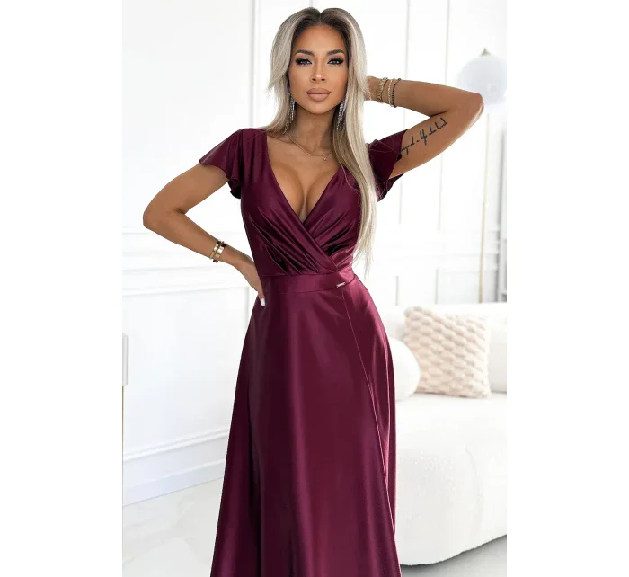 411-10 CRYSTAL saténové dlhé šaty s výstrihom - bordové