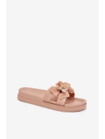 Klapki Damskie Z Kokardą I Złotą Broszką Beżowe Lynara