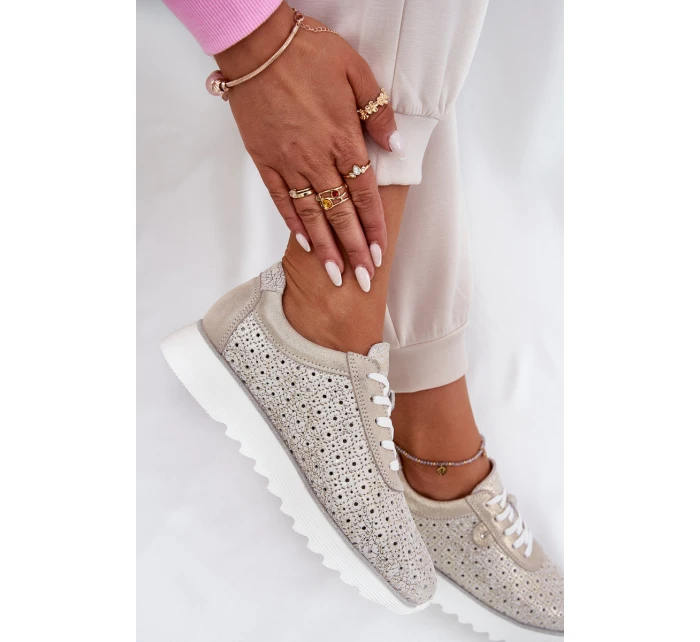 Zamszowe Ażurowe Sneakersy Na Platformie LR51-927 Złote