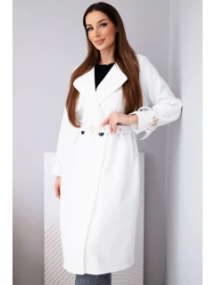 Dámsky kabát s opaskom a zlatými prackami ecru