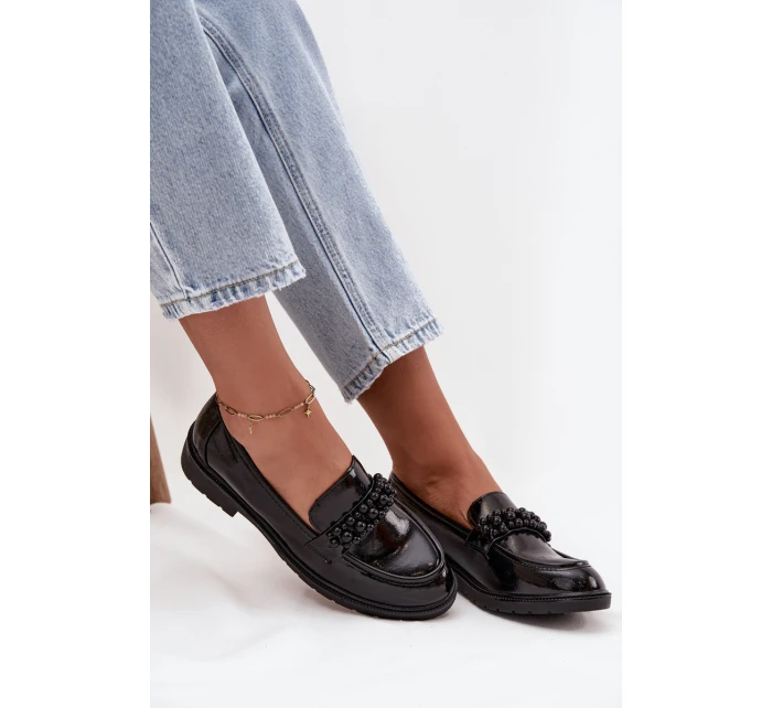 Mokasyny Damskie Lakierowane Z Koralikami S.Barski HY52-541 Czarne
