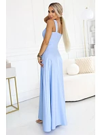 Dlouhé šaty s rozparkem a výstřihem modré s třpytkami model 22090126 - numoco