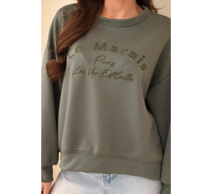 Dámska vyšívaná mikina voľného strihu v khaki farbe