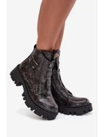 Skórzane Lakierowane Botki Damskie Z Ozdobą Ocieplane Artiker 57C2081 Grafitowe
