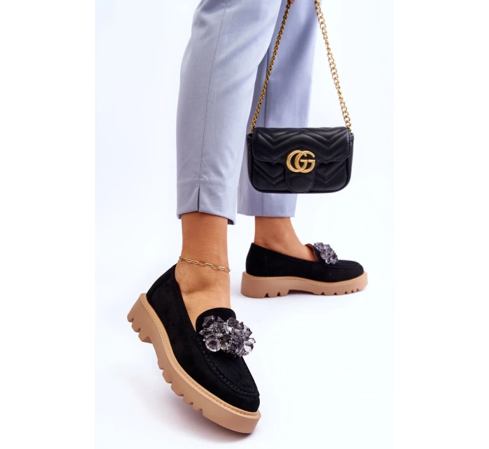 Módní semišové mokasíny s krystaly Černé model 21615397 - VINCEZA
