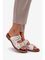 Kožené Ploché Pantofle S Přezkami Zlaté model 21686316 - Zazoo Kožené Ploché Pantofle S Přezkami Zlaté model 21686316 - Zazoo