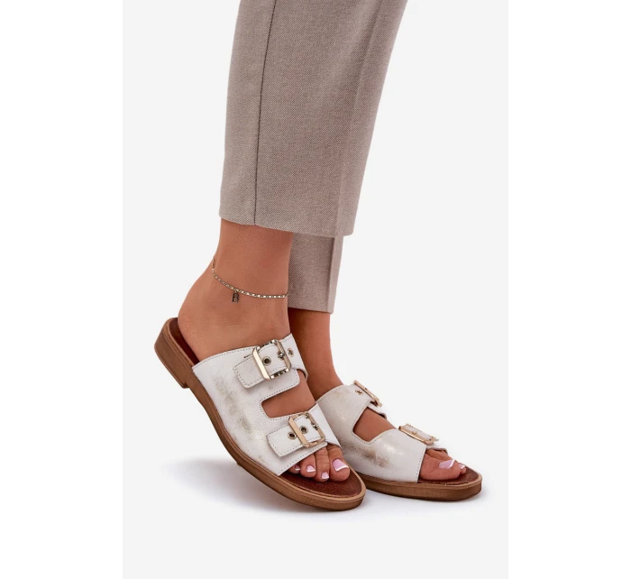 Kožené Ploché Pantofle S Přezkami Zlaté model 21686316 - Zazoo Kožené Ploché Pantofle S Přezkami Zlaté model 21686316 - Zazoo