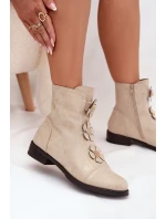 Zateplené dámské kotníkové boty na nízkém podpatku s ozdobnými květinami zlaté model 21711109 - Boto