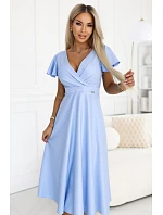 675-1 Midi šaty Blinky s obálkovým výstrihom a brokátovým leskom - modré