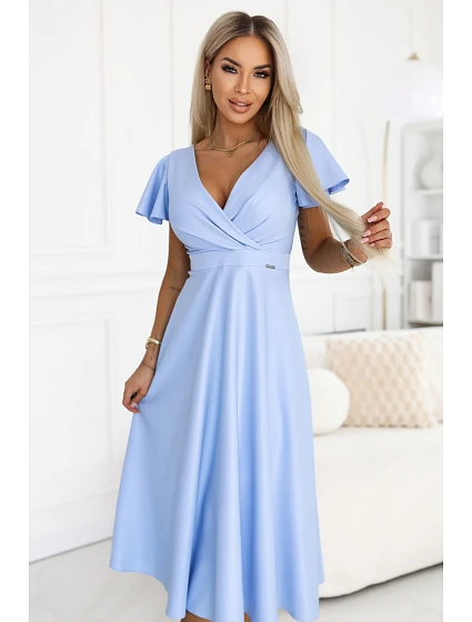 675-1 Midi šaty Blinky s obálkovým výstrihom a brokátovým leskom - modré