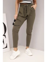 Dámské bavlněné cargo kalhoty s kapsami a řetízkem béžové