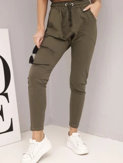 Dámské bavlněné cargo kalhoty s kapsami a řetízkem béžové