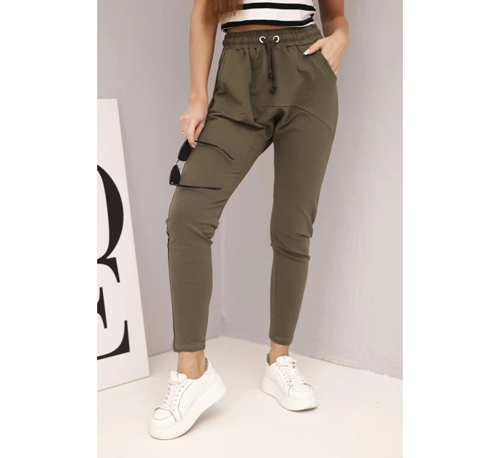 Dámské bavlněné cargo kalhoty s kapsami a řetízkem béžové