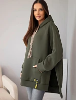 Mikina dámská oversize z bavlny s kapucí a kapsou khaki