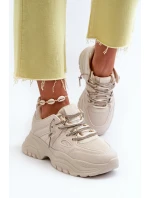 Sneakersy Damskie Na Masywnej Podeszwie Z Ozdobnym Sznurowaniem Beżowe Relissa Sneakersy Damskie Na Masywnej Podeszwie Z Ozdobnym Sznurowaniem Beżowe Relissa