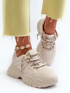 Sneakersy Damskie Na Masywnej Podeszwie Z Ozdobnym Sznurowaniem Beżowe Relissa