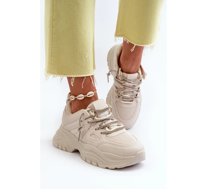 Sneakersy Damskie Na Masywnej Podeszwie Z Ozdobnym Sznurowaniem Beżowe Relissa Sneakersy Damskie Na Masywnej Podeszwie Z Ozdobnym Sznurowaniem Beżowe Relissa