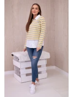 Pruhovaná bavlnená blúzka s golierom žltá+sivá