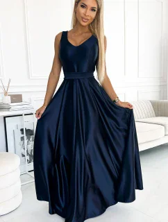 508-1 CINDY dlhé saténové šaty s výstrihom a mašľou - ZELENÉ