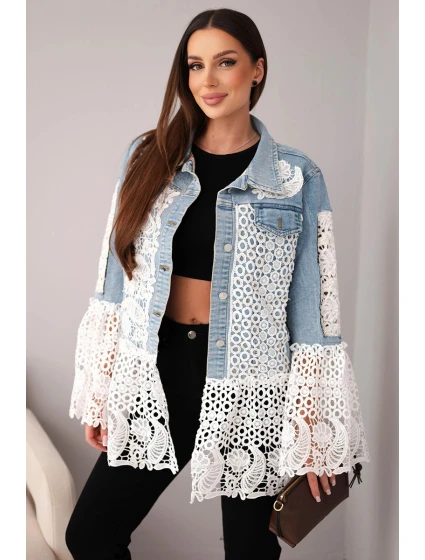 Dámská džínová bunda z bavlny a krajkovým vzorem světle džínová