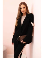Dámska súprava z viskózy - sako s klopami a nohavice s lamelami čierne
