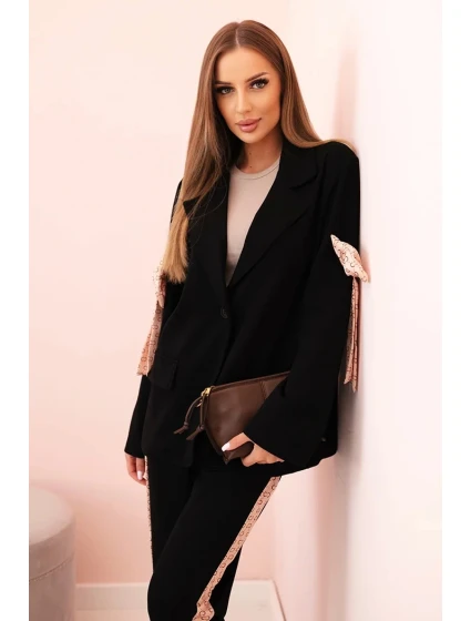 Dámska súprava z viskózy - sako s klopami a nohavice s lamelami čierne