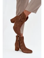 Zamszowe Ażurowe Botki Damskie Na Słupku Zazoo 3647 Brązowe