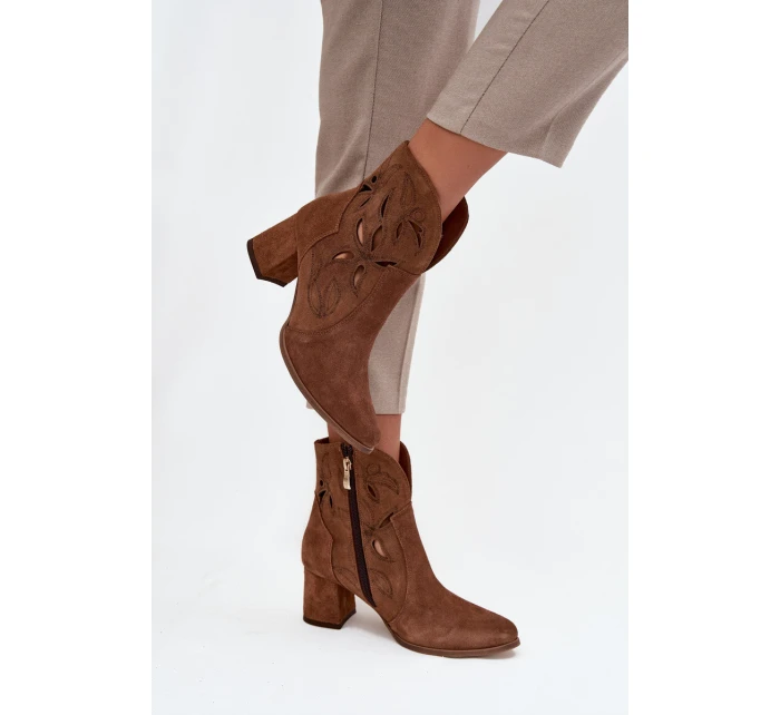 Zamszowe Ażurowe Botki Damskie Na Słupku Zazoo 3647 Brązowe