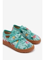 Dětské papuče na suchý zip Barefoot Květiny Listy Froddo G1700438-14 Mentolové