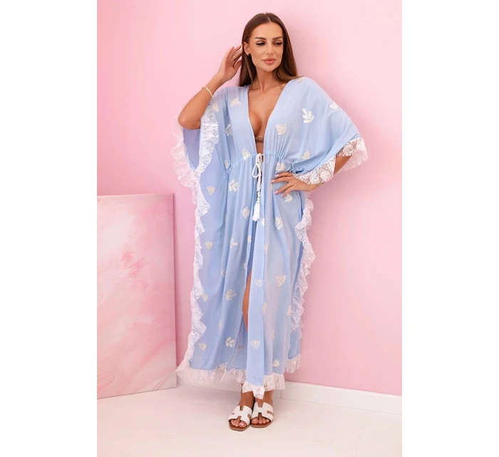 Dámsky boho plášť z viskózy s čipkou modrý