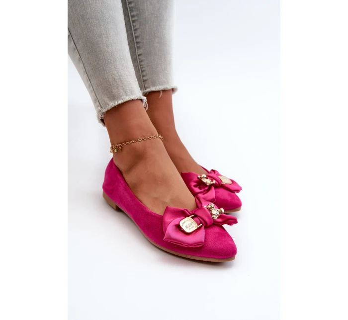 Damskie Eko Zamszowe Baleriny Z Kokardą I Broszką Fuksja Satris