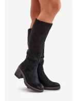 Zateplené kozačky na podpatku eko semišové nad koleno černé model 21675737 - Boto