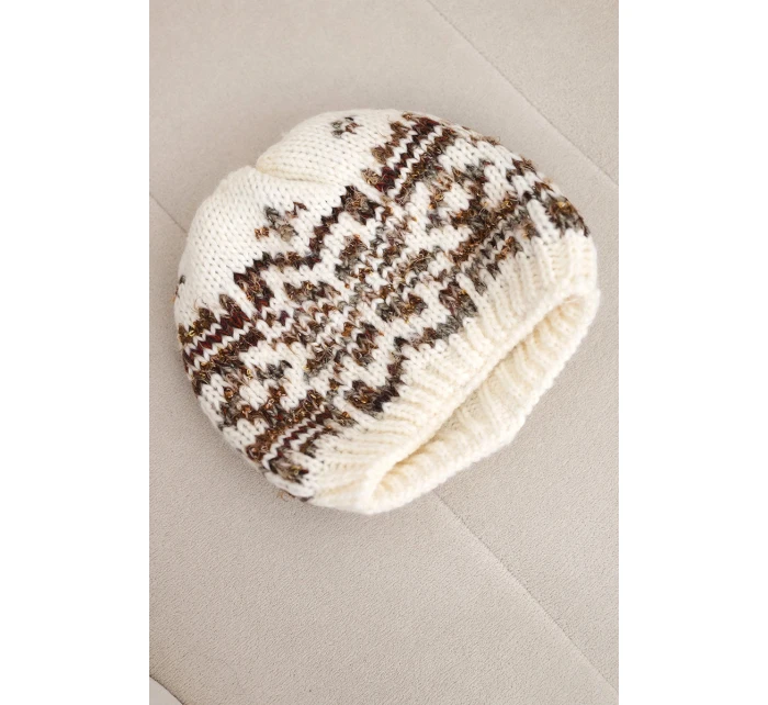Dámska zimná vlnená čiapka s nórskym vzorom K354 ecru+camel