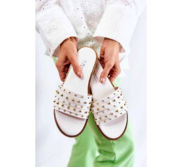 Damskie Skórzane Klapki Z Ozdobą Białe Brien Damskie Skórzane Klapki Z Ozdobą Białe Brien