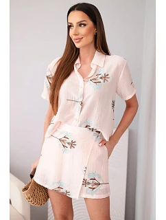 Dámský komplet košile s krátkým rukávem a šortky pudrově růžová model 22048789 - K-Fashion