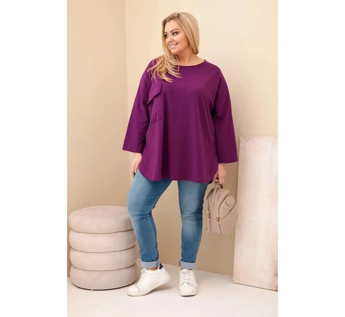 Dámská blůza Plus Size s bavlnou, s kapsou a ohrnutým rukávem tmavě fialová Dámská blůza Plus Size s bavlnou, s kapsou a ohrnutým rukávem tmavě fialová