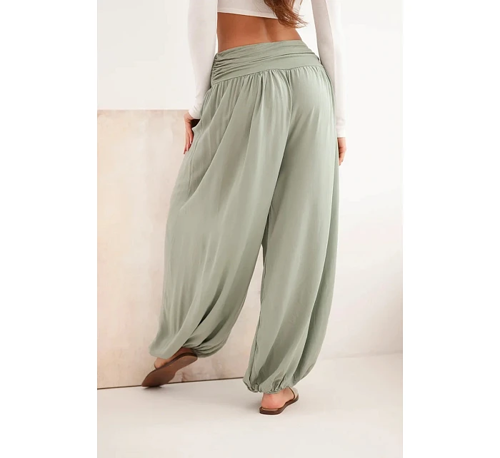 Dámske nohavice z viskózy so širokými nohavicami a khaki pásom