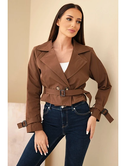 Dámská krátká viskózová model 22293772 bunda s páskem a klopami čokoládová - K-Fashion Dámská krátká viskózová model 22293772 bunda s páskem a klopami čokoládová - K-Fashion